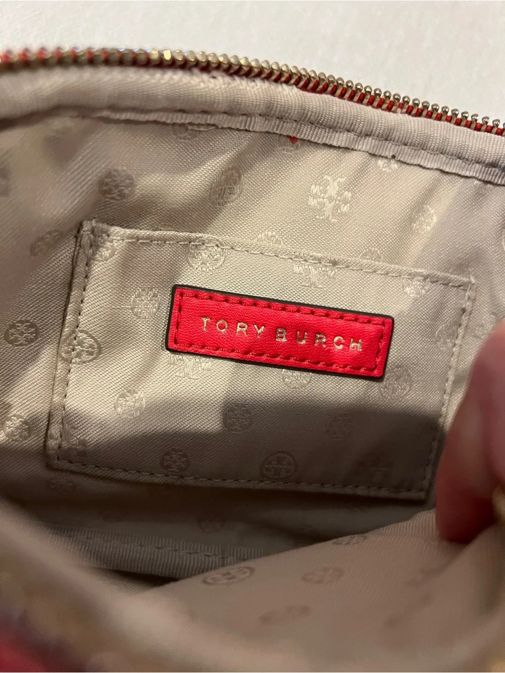 Tory Burch Redish orange and White Patterned wristlet